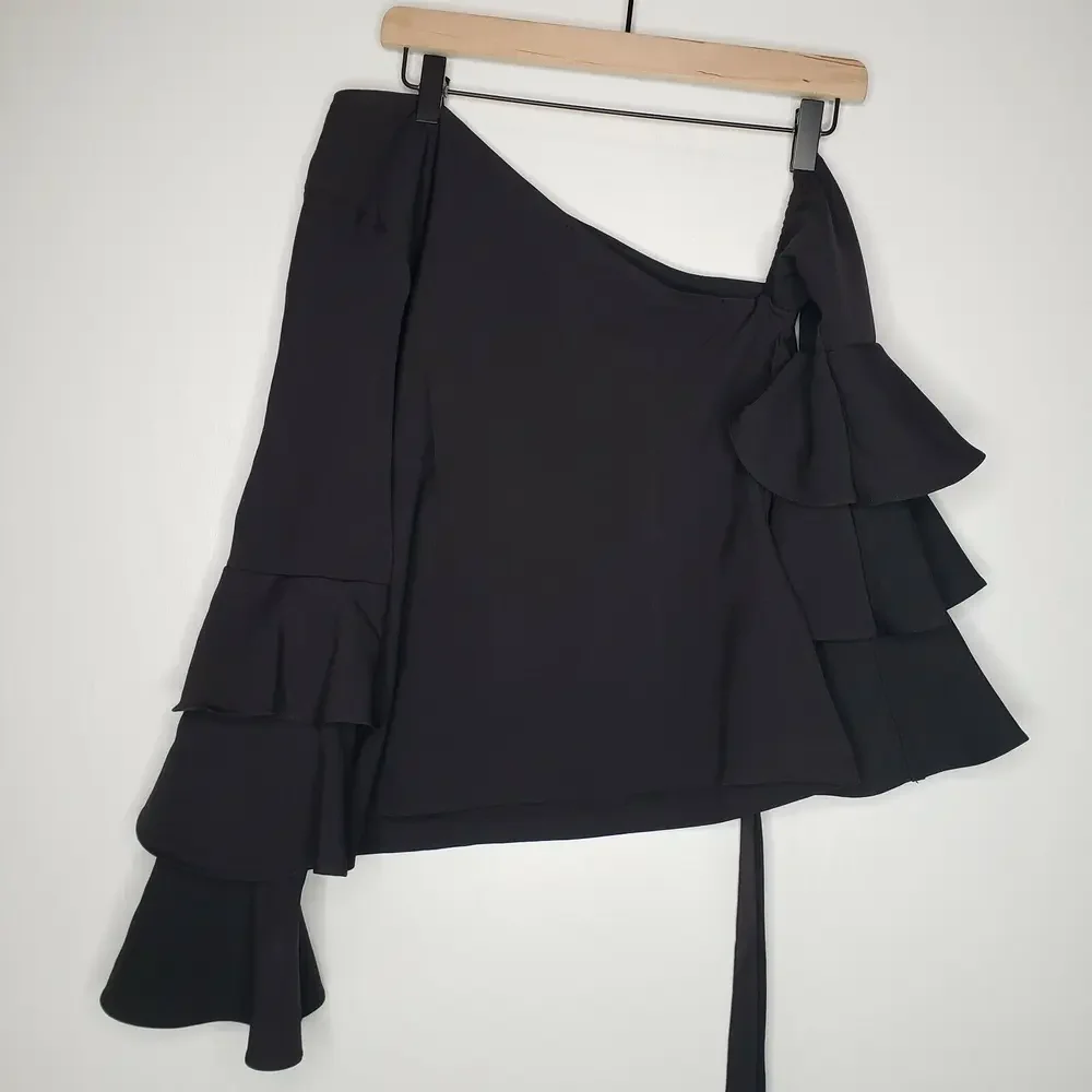 Venus Ruffle Sleeve One Shoulder Tie Waist Blouse 4 Black‎ Sexy Belted Top - Picture 6 of 12
